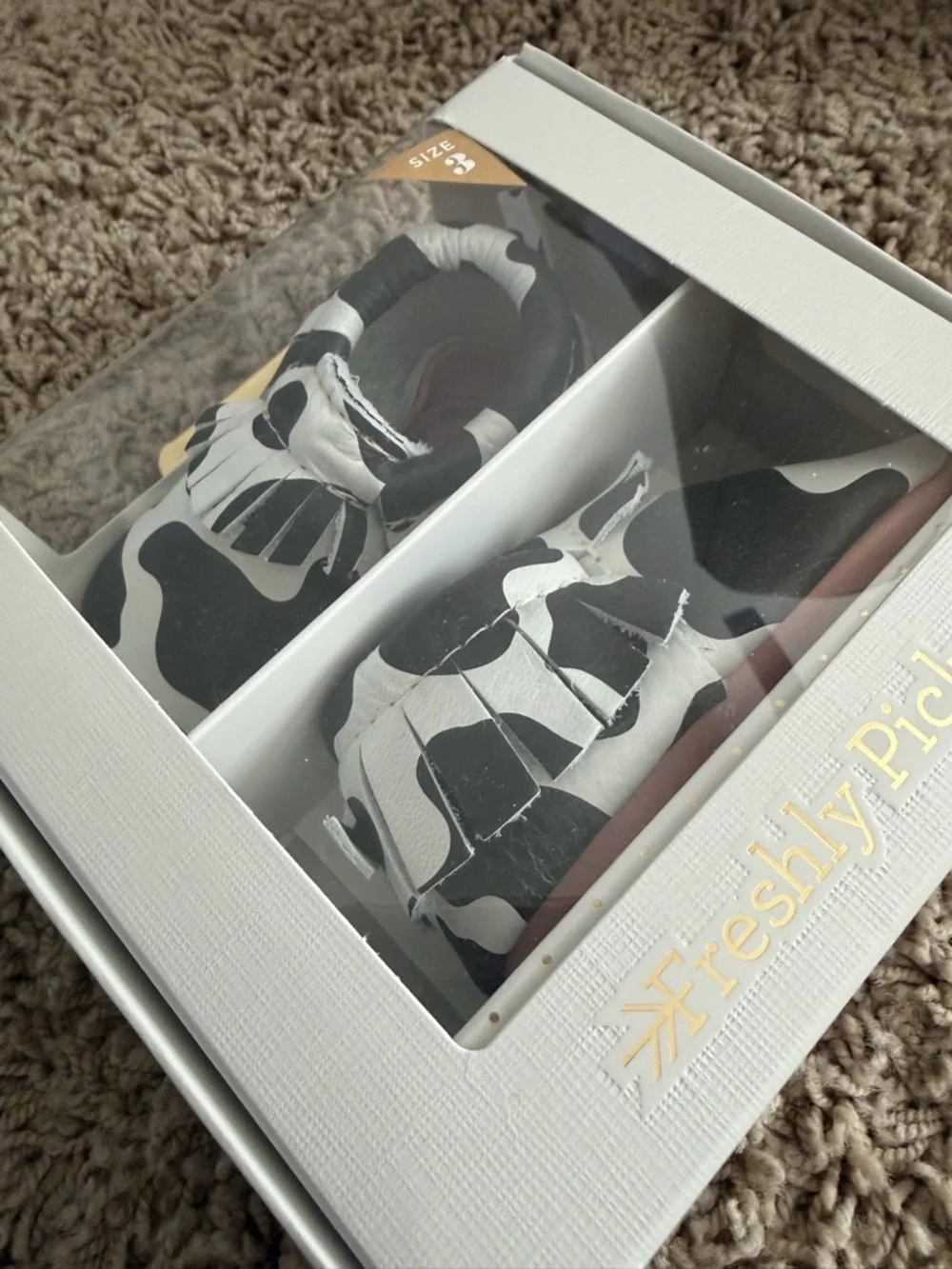Freshly Picked Black and White Cow Print Moccasins in Box